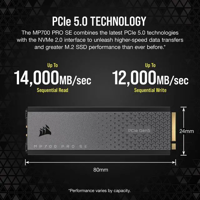 Alt view image 13 of 20 - Corsair MP700 PRO SE M.2 2280 2TB PCI-Express 5.0 x4 3D TLC Internal Solid State Drive (SSD) CSSD-F2000GBMP700PROS