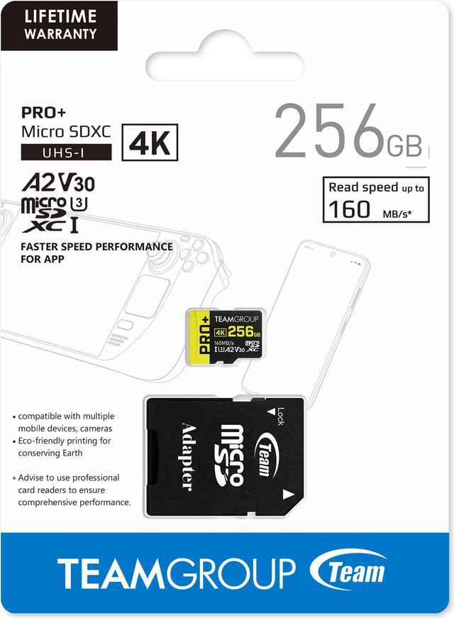 Alt view image 5 of 4 - Team 256GB PRO+ microSDXC UHS-I/U3 Class 10 Memory Card with Adapter, compatible with Nintendo-Switch, Steam Deck, and ROG Ally, Speed Up to 160MB/s (TPPMSDX256GIA2V3003)