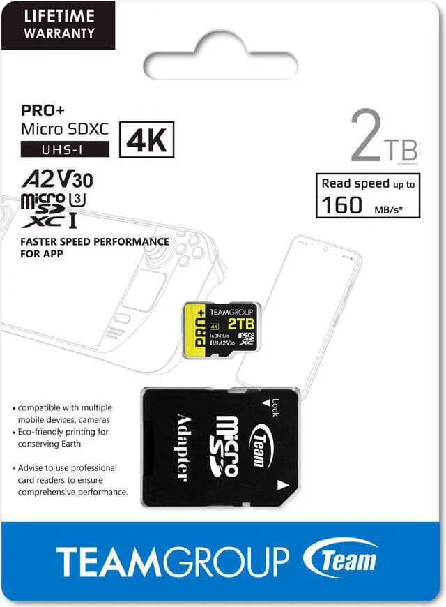 Alt view image 5 of 4 - Team 2TB Pro+ microSDXC UHS-I/U3 Class 10 Memory Card with Adapter, compatible with Nintendo-Switch, Steam Deck, and ROG Ally, Speed Up to 160MB/s (TPPMSDX2TIA2V3072)