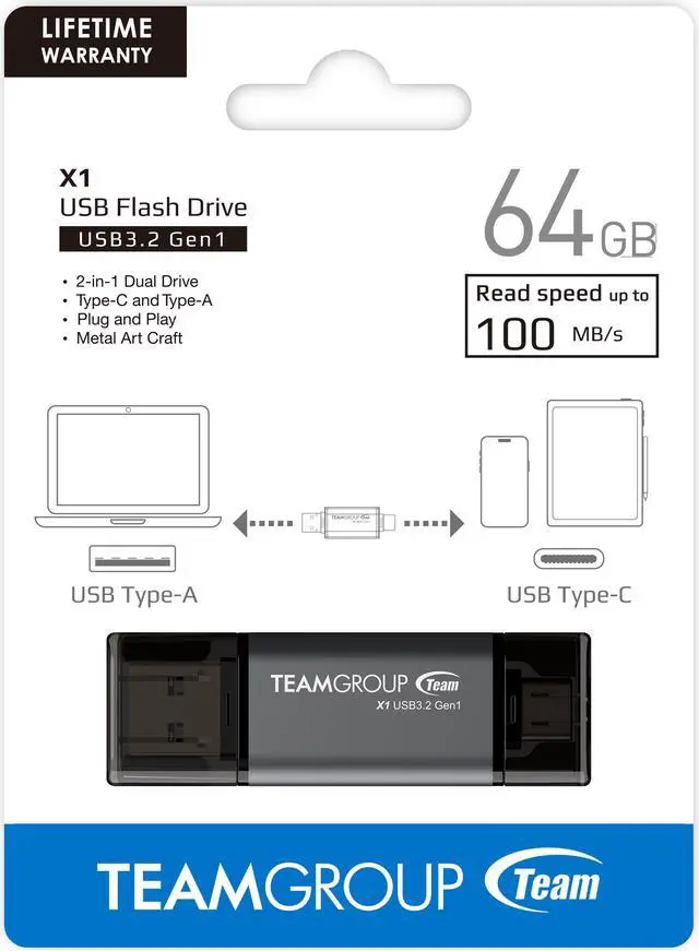Alt view image 5 of 5 - Team 64GB X1 USB 3.2 Gen1 2-in-1 Type-A and Type-C Flash Drives, Speed Up to 100MB/s (TX1364GB01)