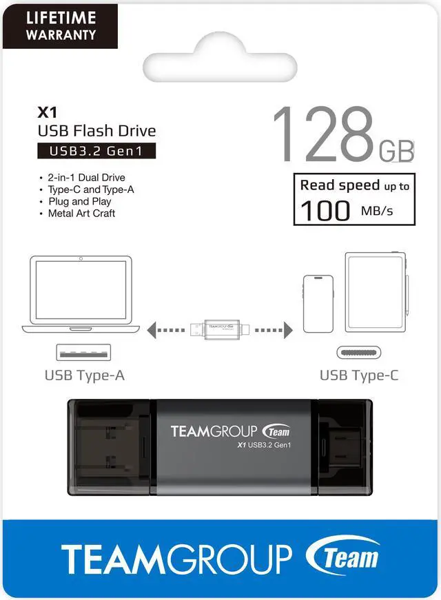Alt view image 5 of 5 - Team 128GB X1 USB 3.2 Gen1 2-in-1 Type-A and Type-C Flash Drives, Speed Up to 100MB/s (TX13128GB01)