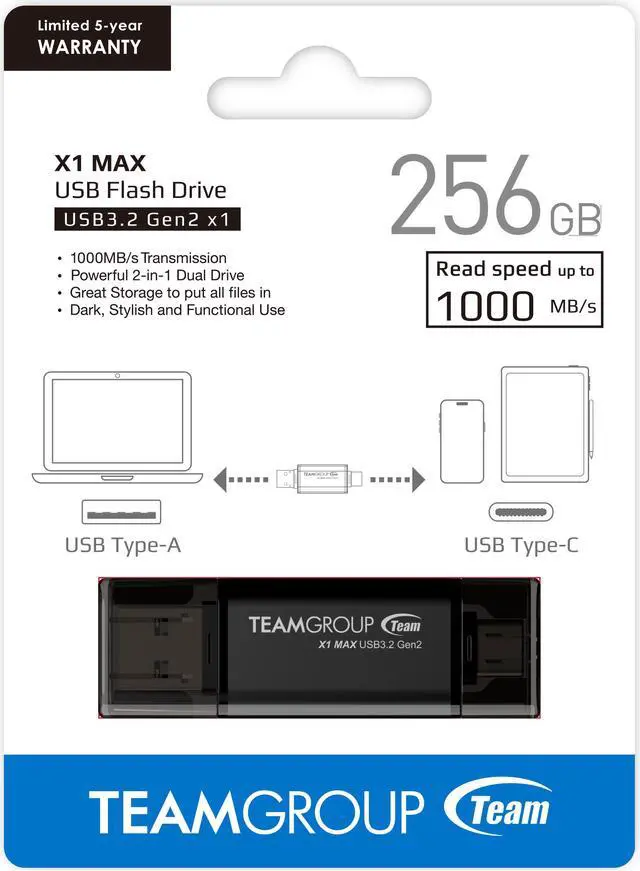 Alt view image 5 of 5 - TEAM X1 MAX DRIVE 256GB BLACK USB 3.2 Gen2 External Solid State Flash Drive, Dual Interface Type-C and Type-A, Compatible with Smartphone/ Tablet/ PC/ Chromebook, Speed Up to 1000MB/s (TX1MAX3256GB01)