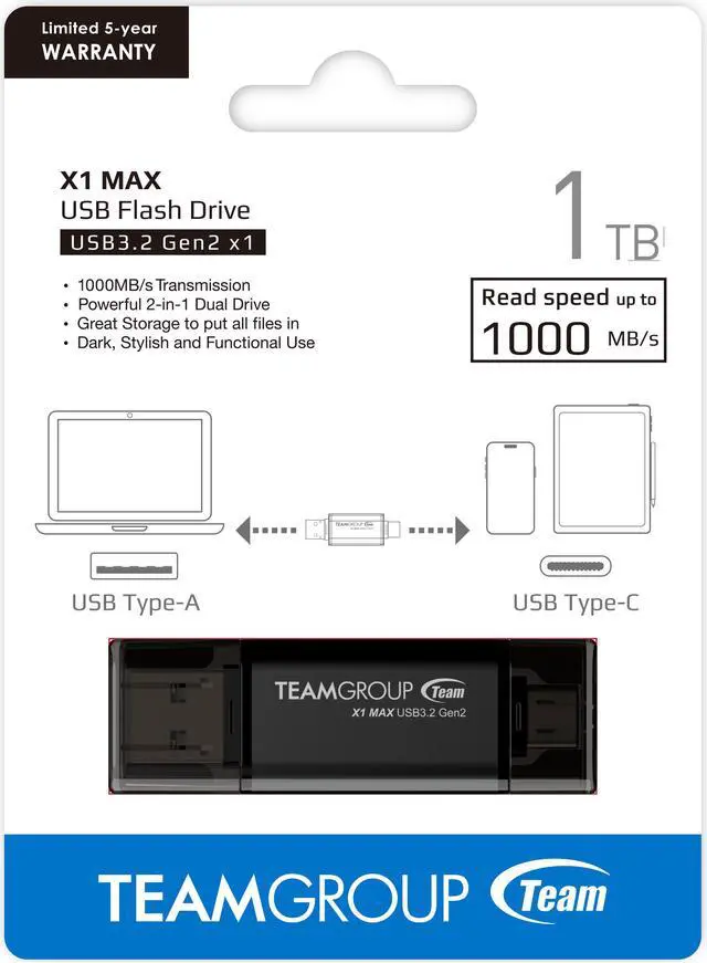 Alt view image 5 of 5 - TEAM X1 MAX DRIVE 1TB BLACK USB 3.2 Gen2 External Solid State Flash Drive, Dual Interface Type-C and Type-A, Compatible with Smartphone/ Tablet/ Laptop/ PC/ Chromebook, Speed Up to 1000MB/s (TX1MAX31TBB01)