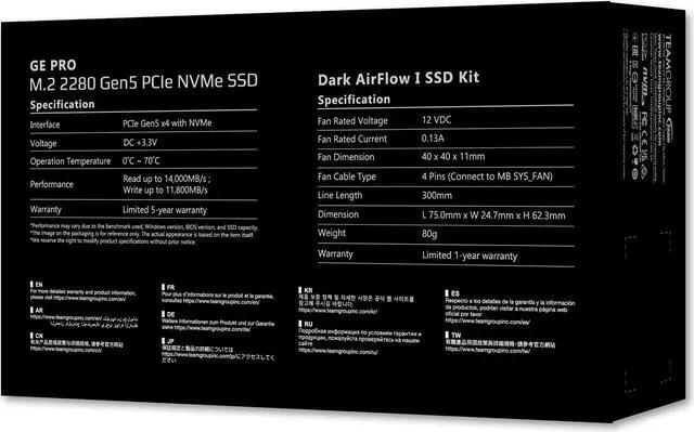 Alt view image 5 of 6 - Team Group T-FORCE GE PRO M.2 2280 4TB PCIe Gen 5.0x4 with DRAM CACHE with NVMe 2.0 3D NAND Internal Solid State Drive (SSD) with AirFlow 1 TM8FG3004T0C133