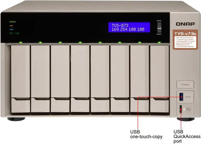 Alt view image 3 of 13 - Qnap 8-bay NAS/iSCSI IP-SAN, AMD R series Quad-core 2.1GHz, 8GB RAM, 10G-ready (TVS-873e-8G-US)