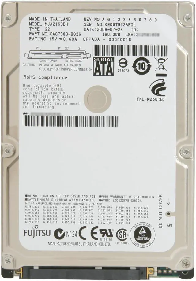 Alt view image 2 of 4 - Fujitsu MJA2160BH-G2 160GB 5400 RPM SATA 3.0Gb/s 2.5" Internal Notebook Hard Drive Bare Drive