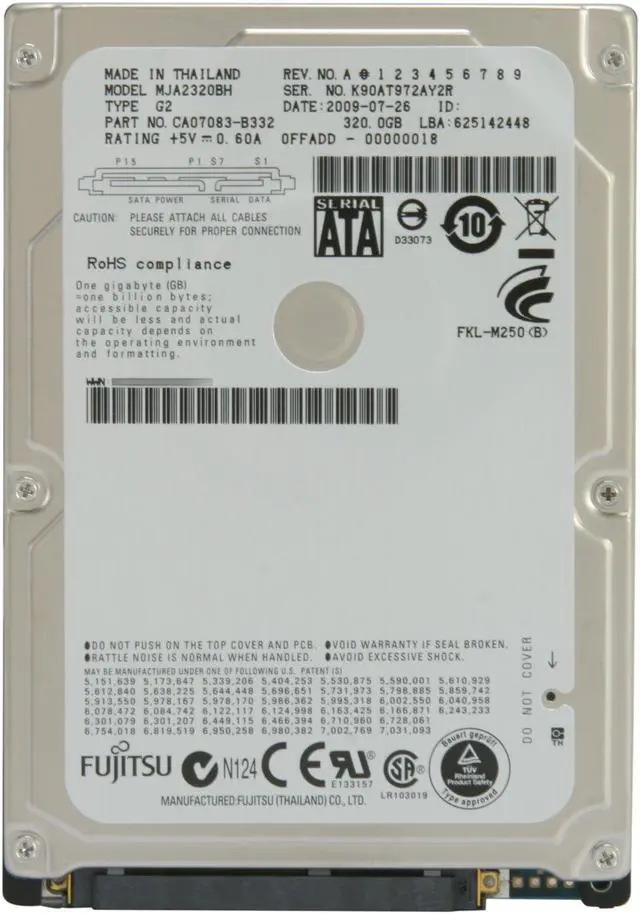 Alt view image 2 of 4 - Fujitsu MJA2320BH-G2 320GB 5400 RPM 8MB Cache SATA 3.0Gb/s 2.5" Internal Notebook Hard Drive Bare Drive