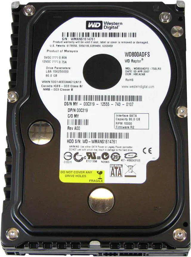 Alt view image 2 of 3 - Western Digital Raptor WD800ADFS 80GB 10000 RPM SATA 3.0Gb/s 3.5" Hard Drive Bare Drive