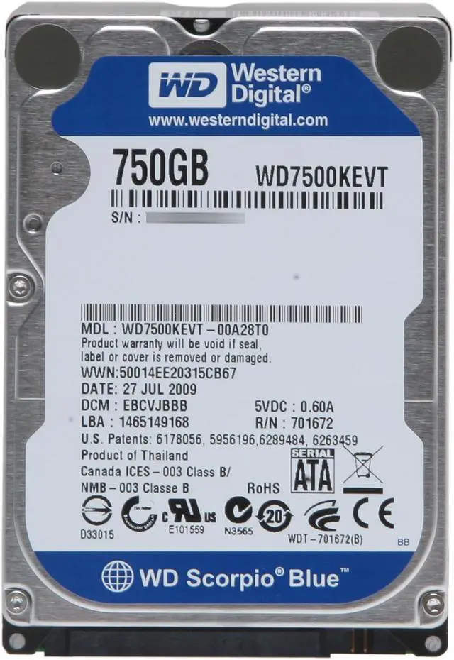 Alt view image 2 of 4 - Western Digital Scorpio Blue WD7500KEVT 750GB 5200 RPM 8MB Cache SATA 3.0Gb/s 2.5" Internal Notebook Hard Drive Bare Drive