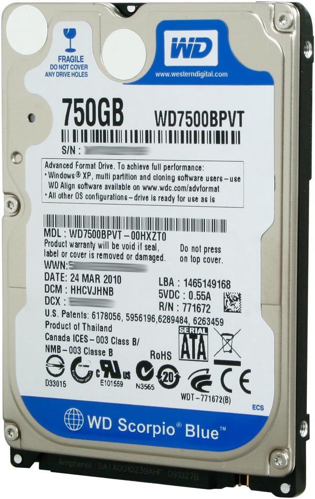 Western Digital Scorpio Blue WD7500BPVT 5400 RPM 8MB Cache SATA 3.0Gb/s  2.5 750GB Capacity Internal Notebook Hard Drive
