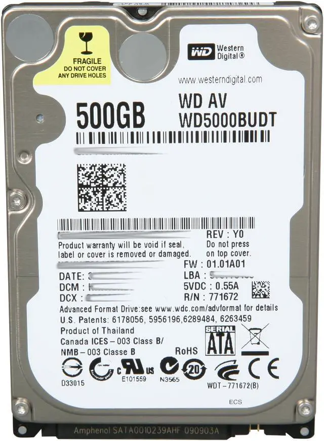 Alt view image 2 of 4 - Western Digital WD AV-25 WD5000BUDT 500GB 5400 RPM 32MB Cache SATA 3.0Gb/s 2.5" Internal AV Hard Drive