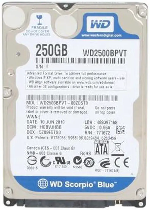 Alt view image 3 of 5 - Western Digital Scorpio Blue WD2500BPVT 250GB 5400 RPM 8MB Cache SATA 3.0Gb/s 2.5" Internal Notebook Hard Drive Bare Drive