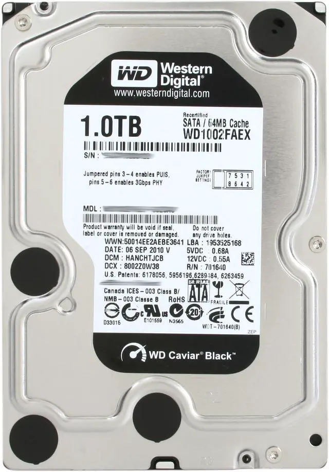 Alt view image 2 of 4 - Western Digital Black WD1002FAEX 1TB 7200 RPM 64MB Cache SATA 6.0Gb/s 3.5" Internal Hard Drive Bare Drive