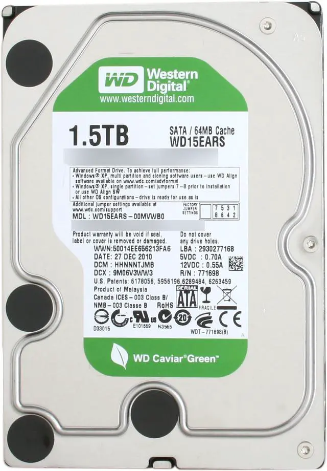 Alt view image 3 of 6 - WD WD Green WDBAAY0015HNC-NRSN 1.5TB 32MB Cache SATA 3.0Gb/s 3.5" Internal Hard Drive -Retail kit