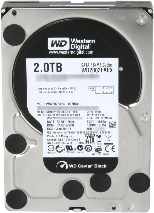Alt view image 3 of 5 - Western Digital Black WD2002FAEX 2TB 7200 RPM 64MB Cache SATA 6.0Gb/s 3.5" Internal Hard Drive Bare Drive