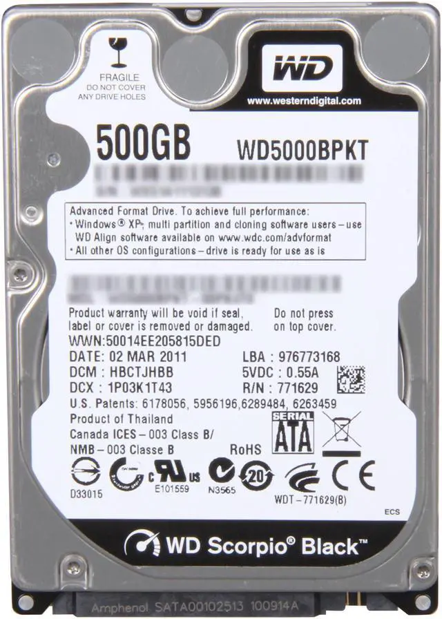Alt view image 3 of 5 - Western Digital Scorpio Black wd5000bpkt 500GB 7200 RPM 16MB Cache SATA 3.0Gb/s 2.5" Internal Notebook Hard Drive Bare Drive