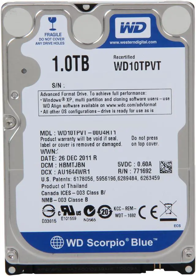 Alt view image 2 of 4 - WD Scorpio Blue WD10TPVT 1TB 5200 RPM 8MB Cache SATA 3.0Gb/s 2.5" Internal Hard Drive Bare Drive