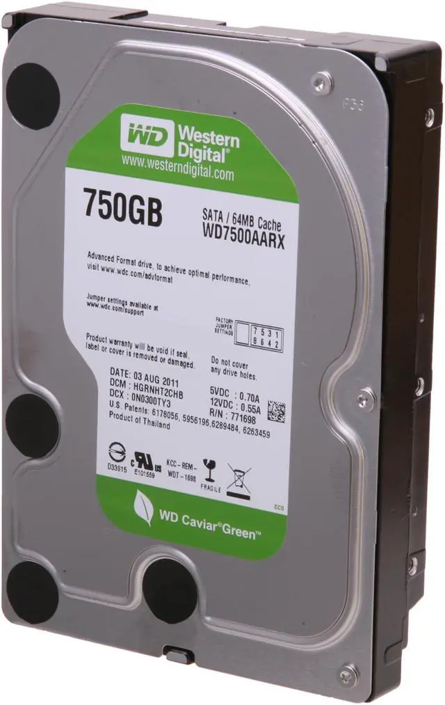 Main image of Western Digital WD Green WD7500AARX 750GB IntelliPower 64MB Cache SATA 6.0Gb/s 3.5" Internal Hard Drive Bare Drive