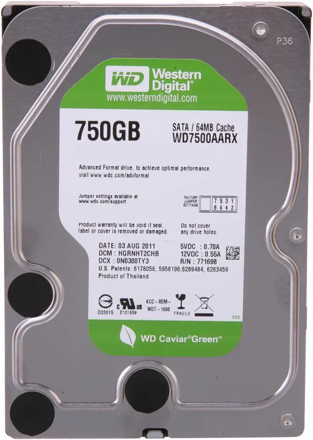 Alt view image 2 of 4 - Western Digital WD Green WD7500AARX 750GB IntelliPower 64MB Cache SATA 6.0Gb/s 3.5" Internal Hard Drive Bare Drive