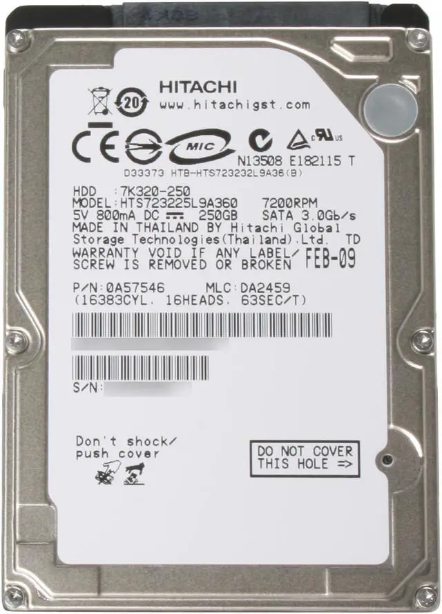 Alt view image 5 of 5 - Hitachi GST 0A57546 250GB 7200 RPM SATA 3.0Gb/s 2.5" Internal Notebook Hard Drive Bare Drive