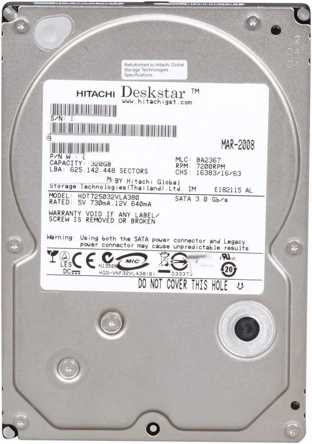 Alt view image 2 of 4 - Hitachi GST Deskstar 7K500 HDT725032VLA380 (0A32161) 320GB 7200 RPM 8MB Cache SATA 3.0Gb/s 3.5" Internal Hard Drive Bare Drive