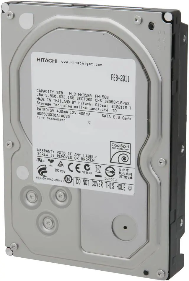Alt view image 2 of 6 - Hitachi GST Deskstar H3IK30003254SP (0S03228) 3TB 5400 RPM 32MB Cache SATA 6.0Gb/s 3.5" Internal Hard Drive