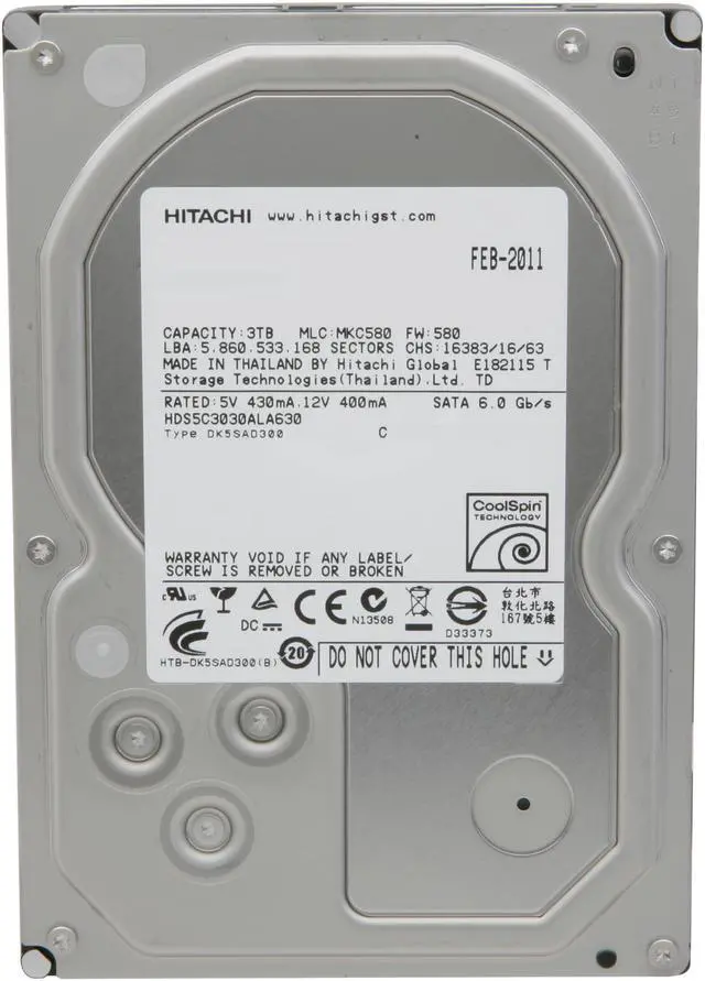 Alt view image 3 of 6 - Hitachi GST Deskstar H3IK30003254SP (0S03228) 3TB 5400 RPM 32MB Cache SATA 6.0Gb/s 3.5" Internal Hard Drive