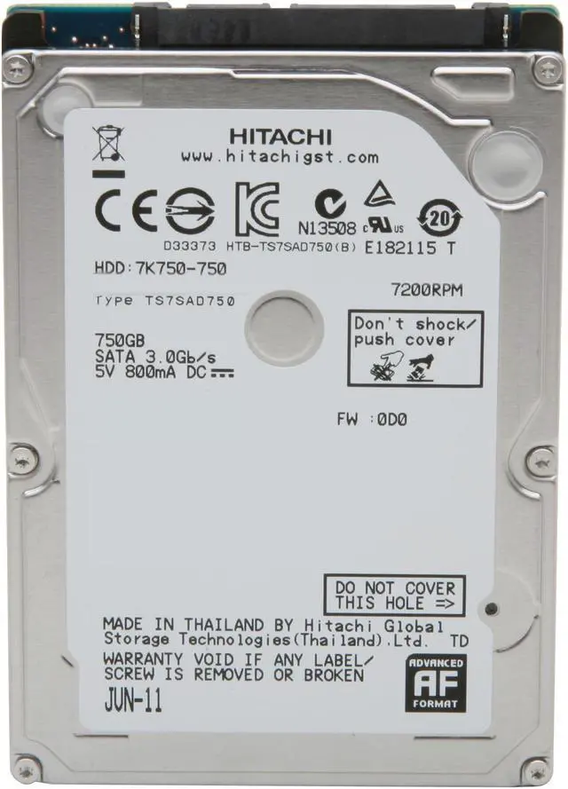 Alt view image 3 of 6 - Hitachi GST Travelstar 7K750 H2IK7501672SP (0S03339) 750GB 7200 RPM 16MB Cache SATA 3.0Gb/s 2.5" Internal Notebook Hard Drive