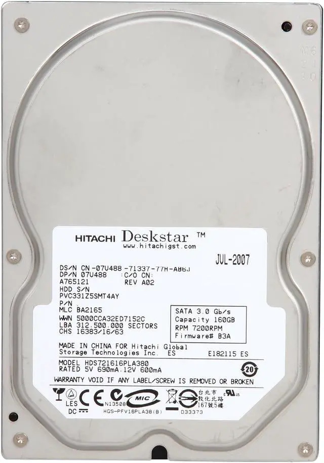Alt view image 2 of 5 - Hitachi Deskstar TK160 0A33451 160GB 7200 RPM 8MB Cache SATA 3.0Gb/s Internal Hard Drive