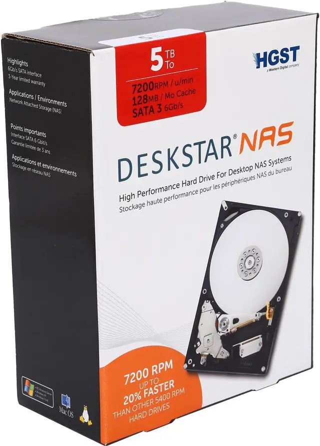 Main image of HGST Deskstar NAS H3IKNAS500012872SN (0S03835) 5TB 7200 RPM 128MB Cache SATA 6.0Gb/s 3.5" High-Performance Hard Drive for Desktop NAS Systems Retail Packaging