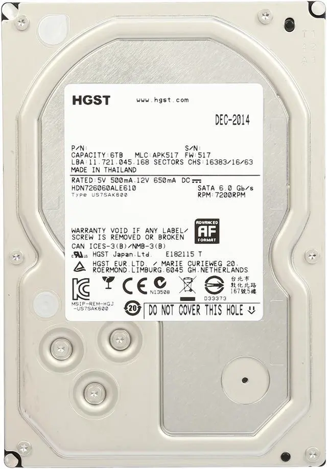 Alt view image 3 of 6 - HGST Deskstar NAS 3.5" 6TB 7200 RPM 128MB Cache SATA 6.0Gb/s High-Performance Hard Drive for Desktop NAS Systems Retail Packaging 0S03839 H3IKNAS600012872SN