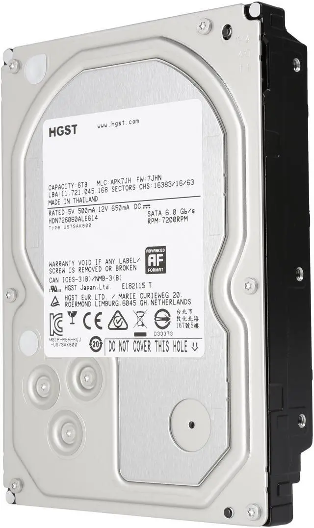 Alt view image 3 of 6 - HGST DeskStar NAS 3.5" 6TB 7200 RPM 128MB Cache SATA 6.0Gb/s High-Performance Hard Drive for Desktop NAS Systems Retail Packaging 0S04007