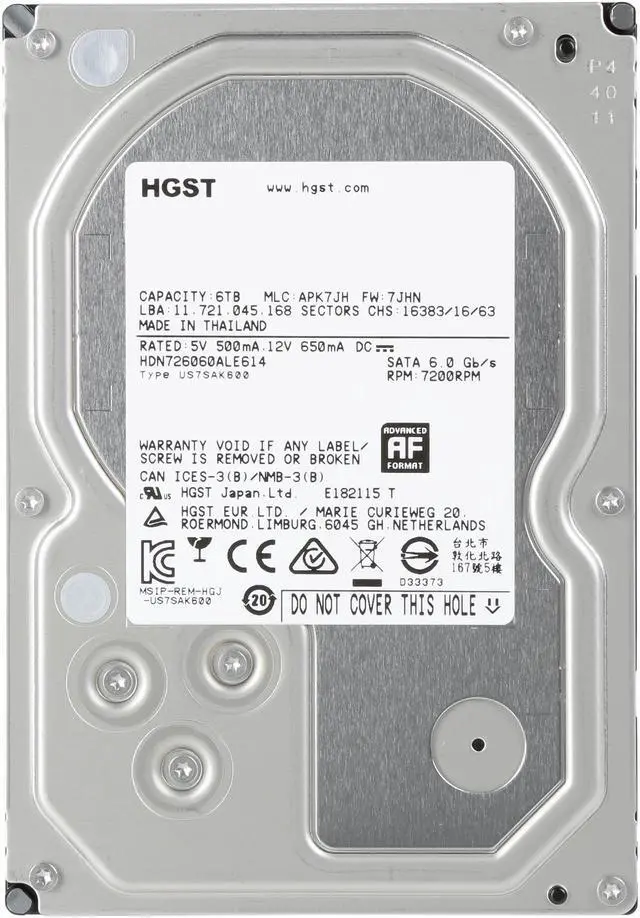 Alt view image 4 of 6 - HGST DeskStar NAS 3.5" 6TB 7200 RPM 128MB Cache SATA 6.0Gb/s High-Performance Hard Drive for Desktop NAS Systems Retail Packaging 0S04007