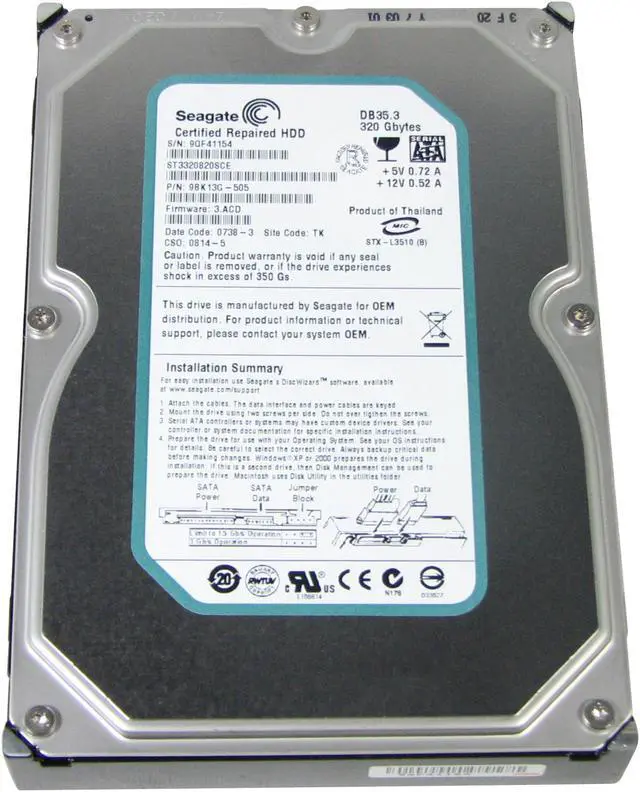 Alt view image 2 of 3 - Seagate DB35 Series 7200.3 ST3320820SCE 320GB 7200 RPM 8MB Cache SATA 3.0Gb/s 3.5" Hard Drive Bare Drive