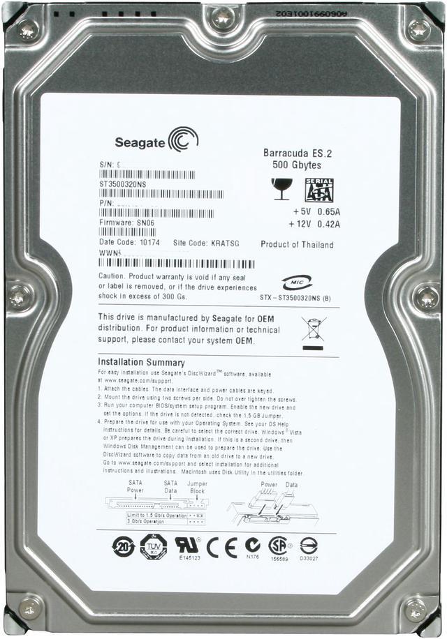 Seagate BarraCuda ES.2 ST3500320NS 500GB 7200 RPM 32MB Cache SATA 3.0Gb/s  3.5
