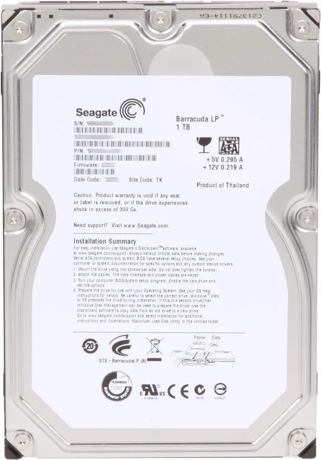 Alt view image 6 of 7 - Seagate BarraCuda LP ST31000520AS 1TB 5900 RPM 32MB Cache SATA 3.0Gb/s 3.5" Hard Drive Bare Drive