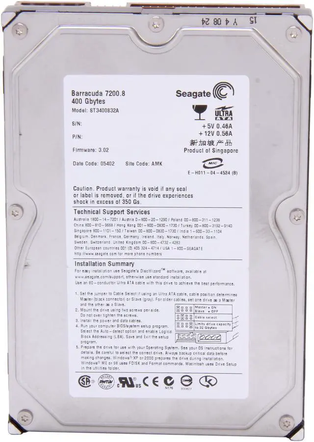 Alt view image 2 of 4 - Seagate BarraCuda 7200.8 ST3400832A 400GB 7200 RPM 8MB Cache IDE Ultra ATA100 / ATA-6 3.5" Internal Hard Drive Bare Drive