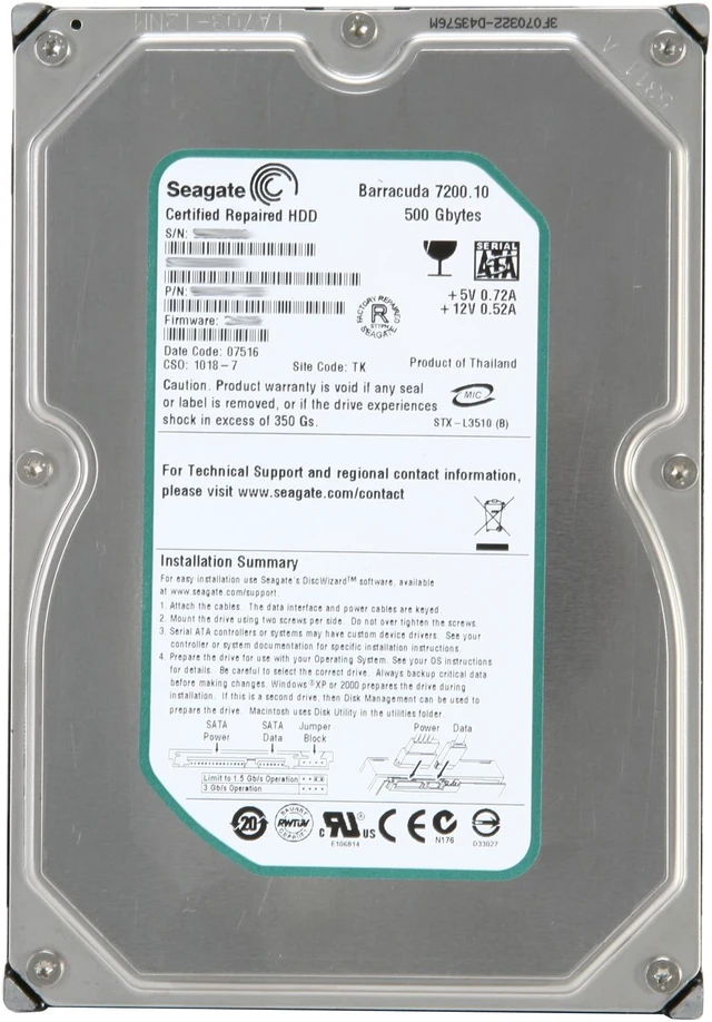 Alt view image 2 of 4 - Seagate BarraCuda 7200.10 HDD-ST3500630AS-R 500GB 7200 RPM 16MB Cache SATA 3.0Gb/s 3.5" Hard Drive (Perpendicular Recording) Bare Drive