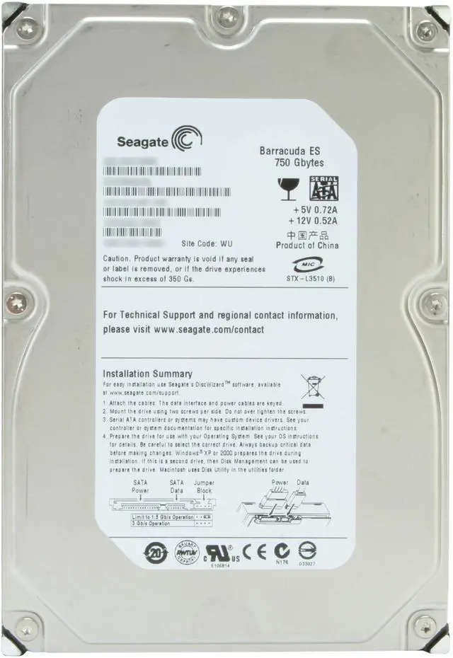 Alt view image 2 of 4 - Seagate BarraCuda ES ST3750641NS 750GB 7200 RPM 16MB Cache SATA 3.0Gb/s 3.5" Hard Drive Bare Drive