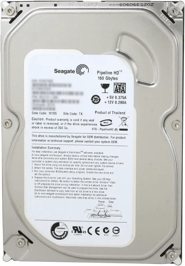 Alt view image 2 of 4 - Seagate Pipeline HD ST3160310CS 160GB 5900 RPM 8MB Cache SATA 3.0Gb/s 3.5" Internal Hard Drive Bare Drive