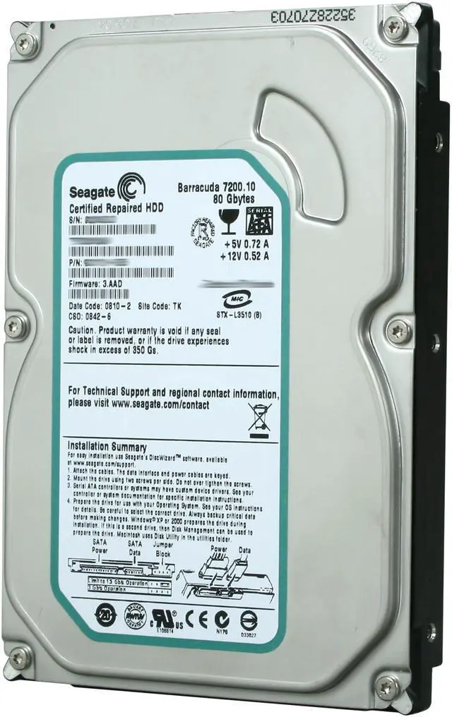Main image of Seagate BarraCuda 7200.10 RFHST380815AS 80GB 7200 RPM 8MB Cache SATA 3.0Gb/s 3.5" Internal Hard Drive Bare Drive
