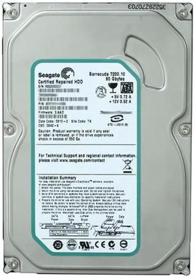 Alt view image 2 of 4 - Seagate BarraCuda 7200.10 RFHST380815AS 80GB 7200 RPM 8MB Cache SATA 3.0Gb/s 3.5" Internal Hard Drive Bare Drive