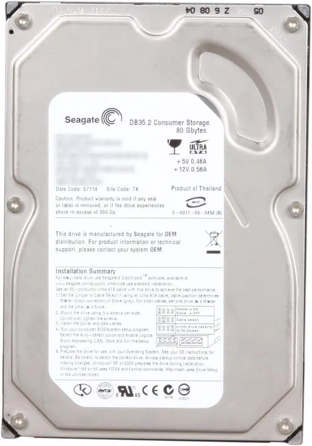 Alt view image 2 of 4 - Seagate DB35 Series 7200.2 ST3802110ACE 80GB 7200 RPM 2MB Cache IDE Ultra ATA66 / ATA-5 3.5" Internal Hard Drive Bare Drive