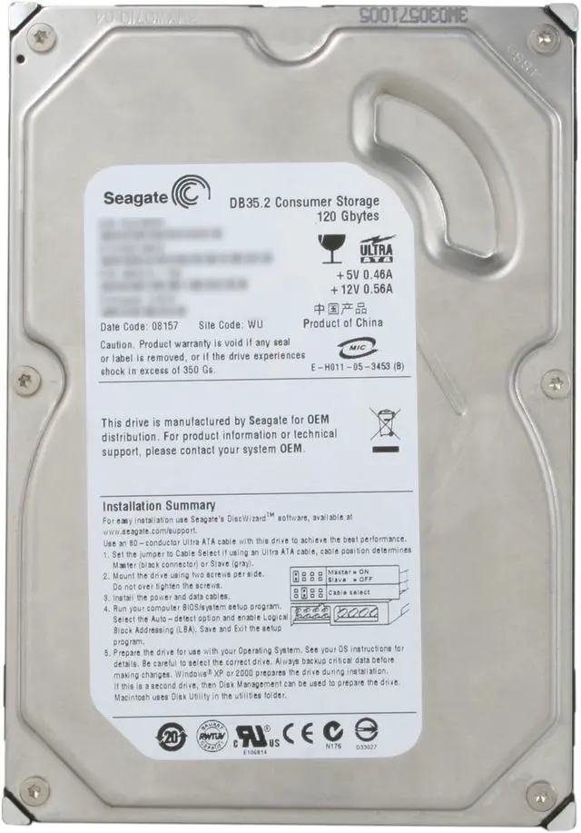Alt view image 2 of 4 - Seagate DB35 Series 7200.2 ST3120213ACE 120GB 7200 RPM 2MB Cache IDE Ultra ATA100 / ATA-6 3.5" Hard Drive Bare Drive