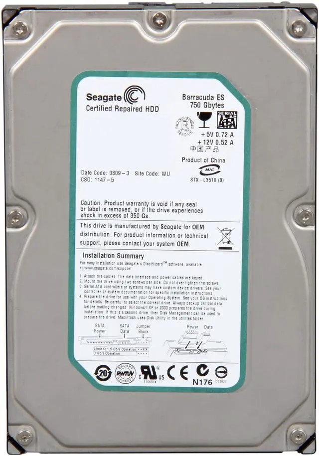 Alt view image 2 of 4 - Seagate BarraCuda ES ST3750640NS 750GB 7200 RPM 16MB Cache SATA 3.0Gb/s 3.5" Hard Drive Bare Drive