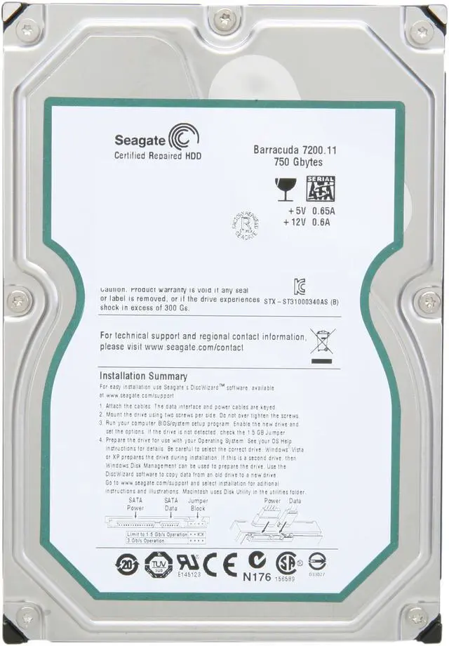 Alt view image 2 of 4 - Seagate BarraCuda 7200.11 ST3750330AS 750GB 7200 RPM 32MB Cache SATA 3.0Gb/s 3.5" Internal Hard Drive Bare Drive