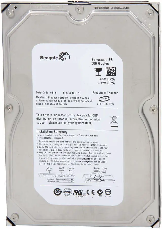 Alt view image 2 of 4 - Seagate BarraCuda ES ST3500630NS 500GB 7200 RPM 16MB Cache SATA 3.0Gb/s 3.5" Hard Drive Bare Drive