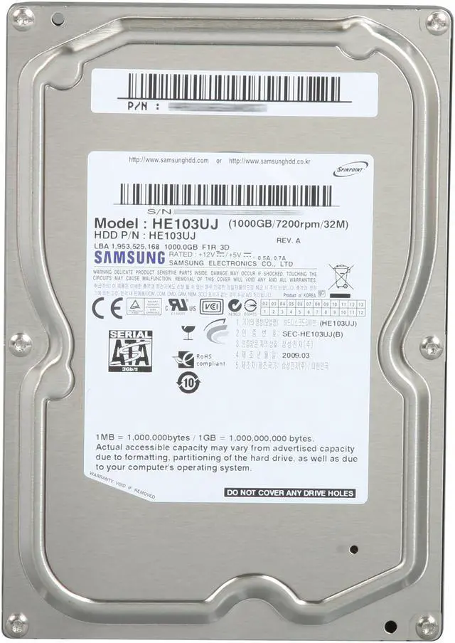 Alt view image 3 of 4 - SAMSUNG F1R RAID-Class HE103UJ 1TB 7200 RPM 32MB Cache SATA 3.0Gb/s 3.5" Hard Drive Bare Drive