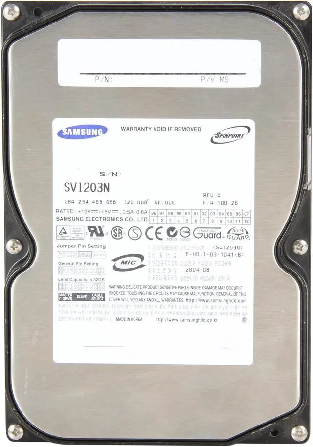 Alt view image 2 of 4 - SAMSUNG SV1203N 120GB 5400 RPM 2MB Cache IDE Ultra ATA133 / ATA-7 3.5" Hard Drive Bare Drive