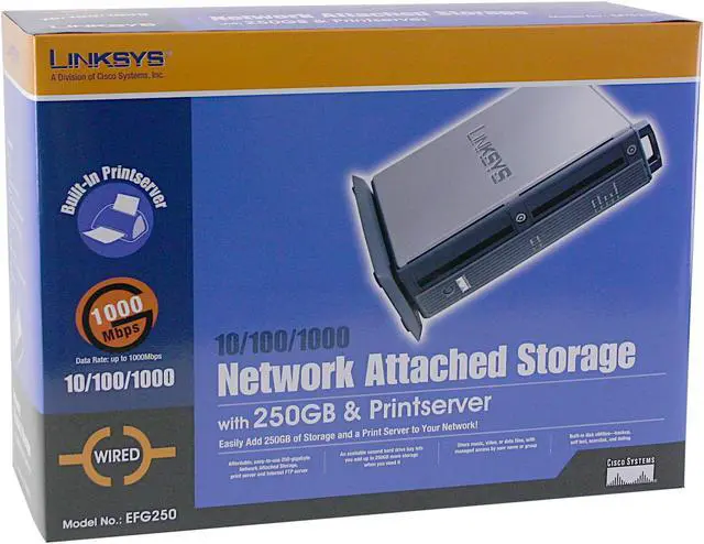 Alt view image 5 of 5 - LINKSYS EFG250 250GB EtherFast Network Attached Storage with PrintServer